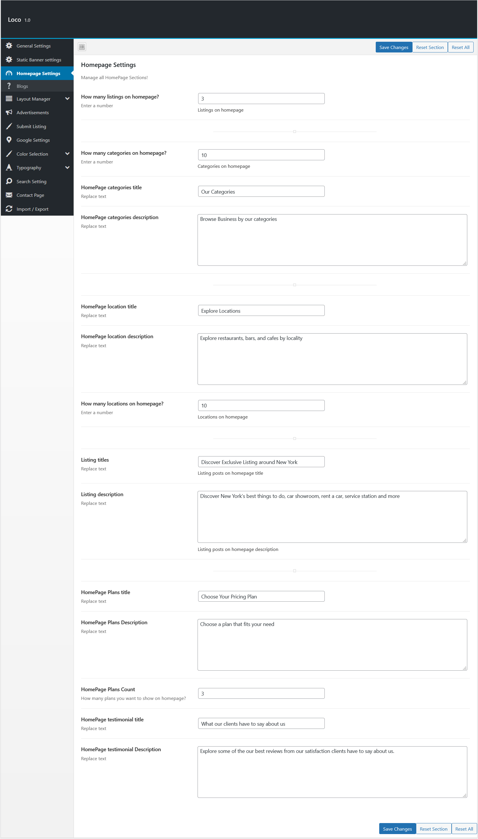 Home Settings options