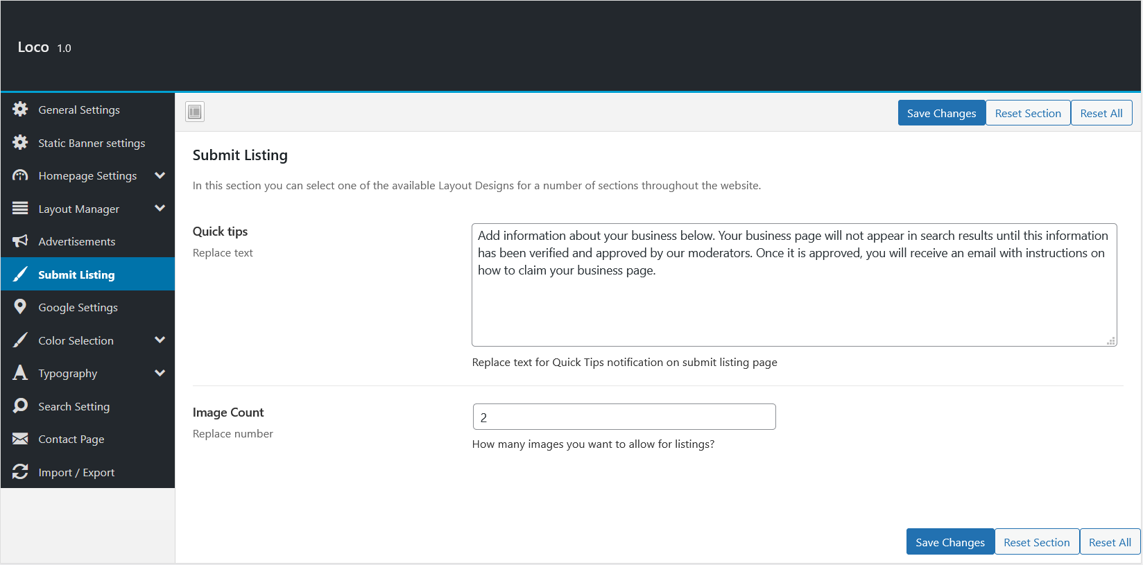 Listing General options